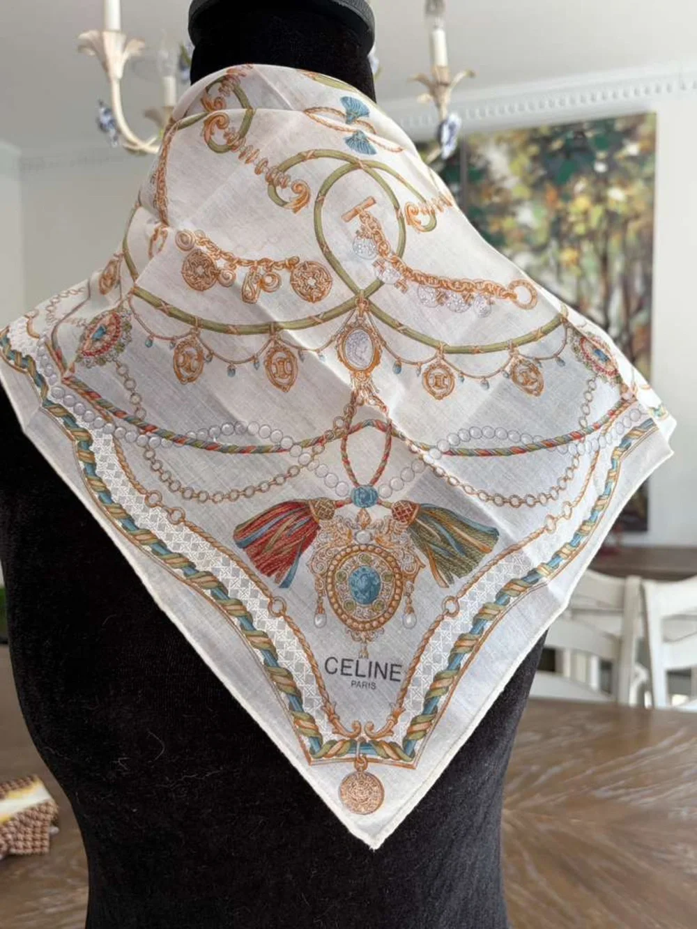 Celine White Cotton Scarf Scarves Pocket Square 18” x 18” Hand Rolled